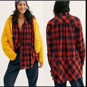 We the Free Lela Metallic Plaid Tunic Shirt Sz M Purple Green Oversized Pockets